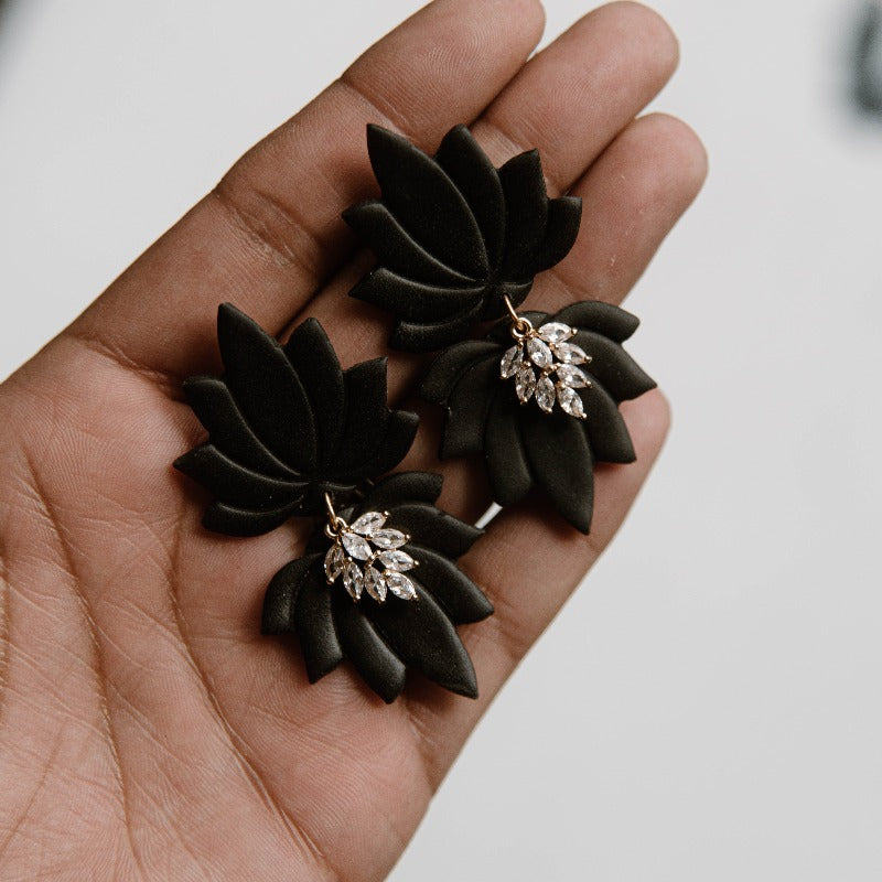 Black Elegant Lotus Statement Earrings Polymer Clay