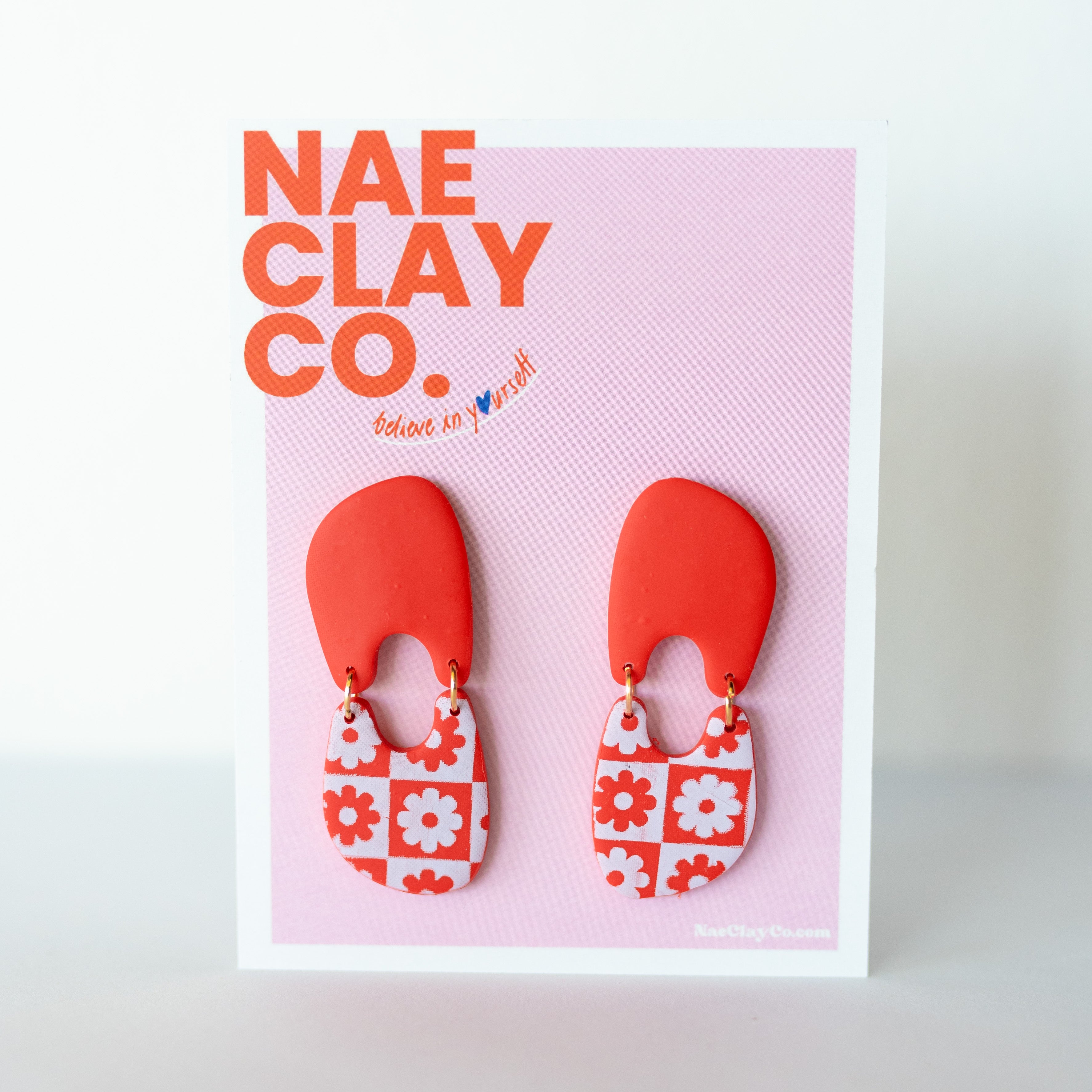 Red and White Floral Checkerboard Earrings