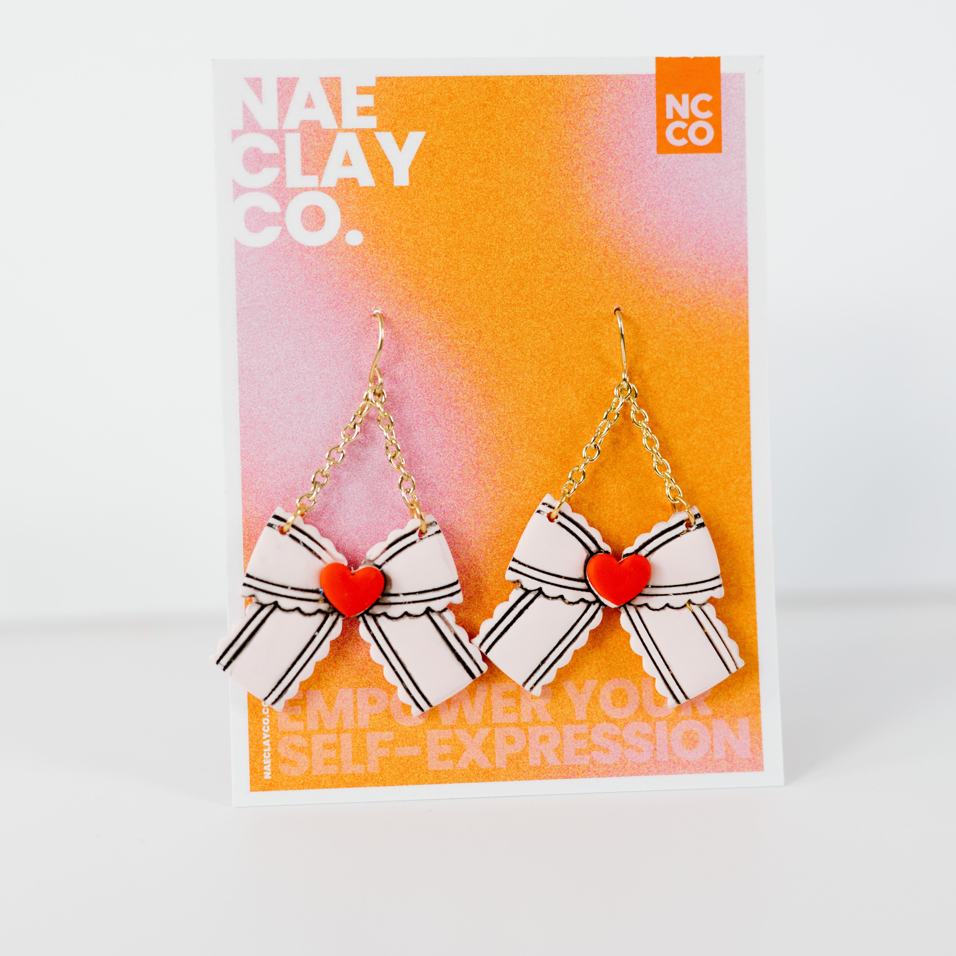 Pink Bow, Red Heart Dangle Earrings