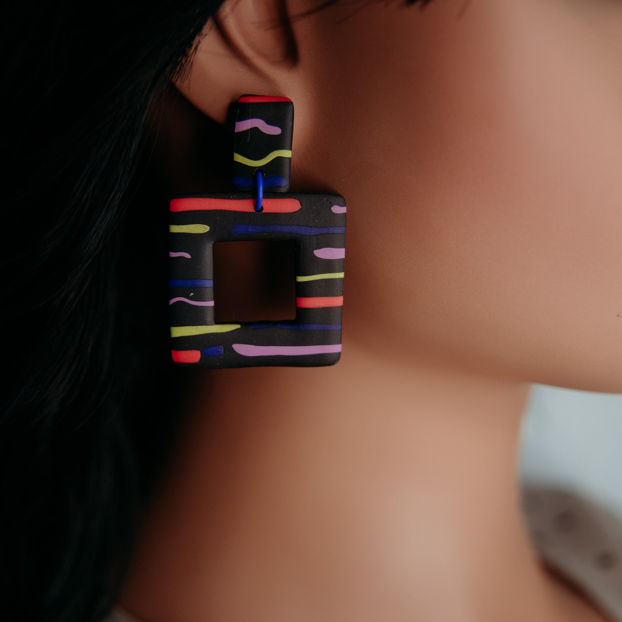 Colorful Striped Boxed Square Dangle Earrings