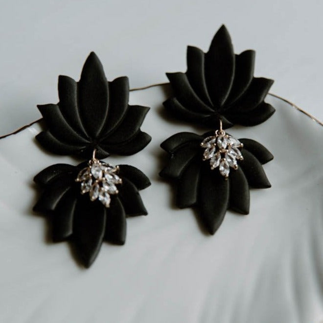 Large Lotus Black Glam Push Back Studs