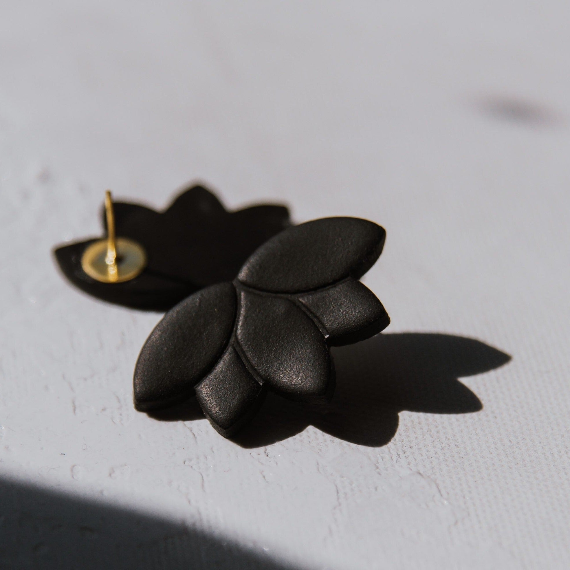 Black Lotus Flower Stud | Polymer Clay Statement Earrings