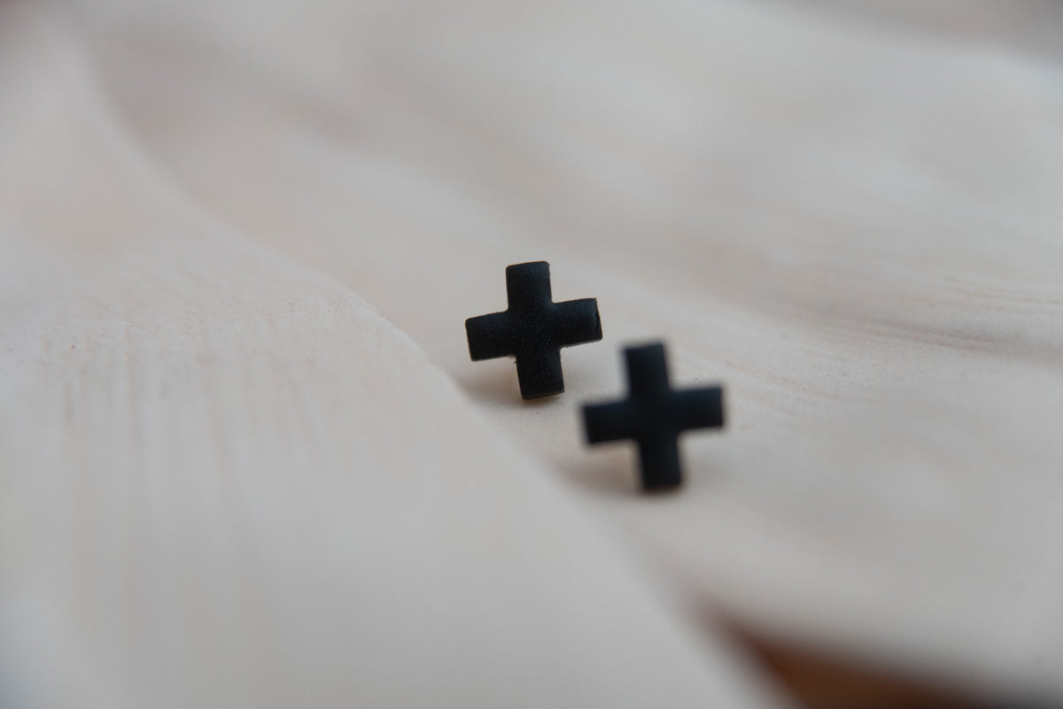 Black Mini Cross Studs | Polymer Clay Earrings