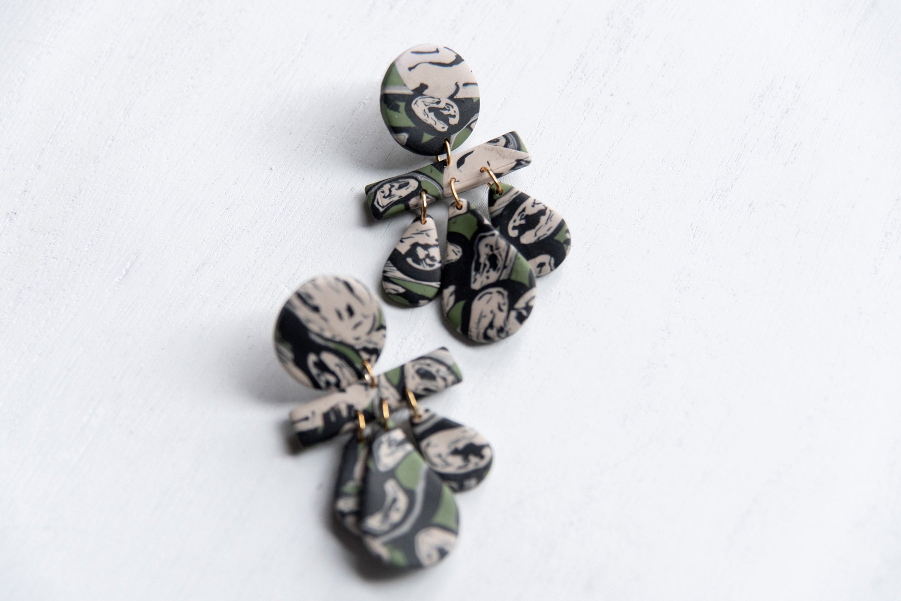 Olive Green, Cream and Black Marbled Dangles | Polymer Clay Earrings