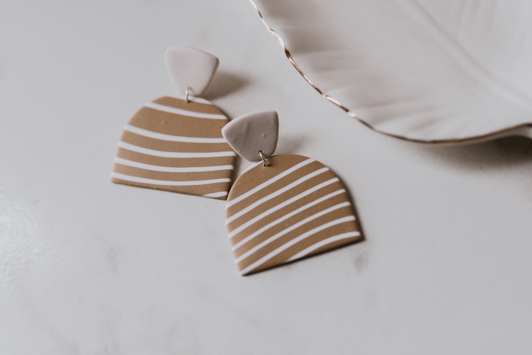 Tan and White Stripes | Polymer Clay Statement Earrings