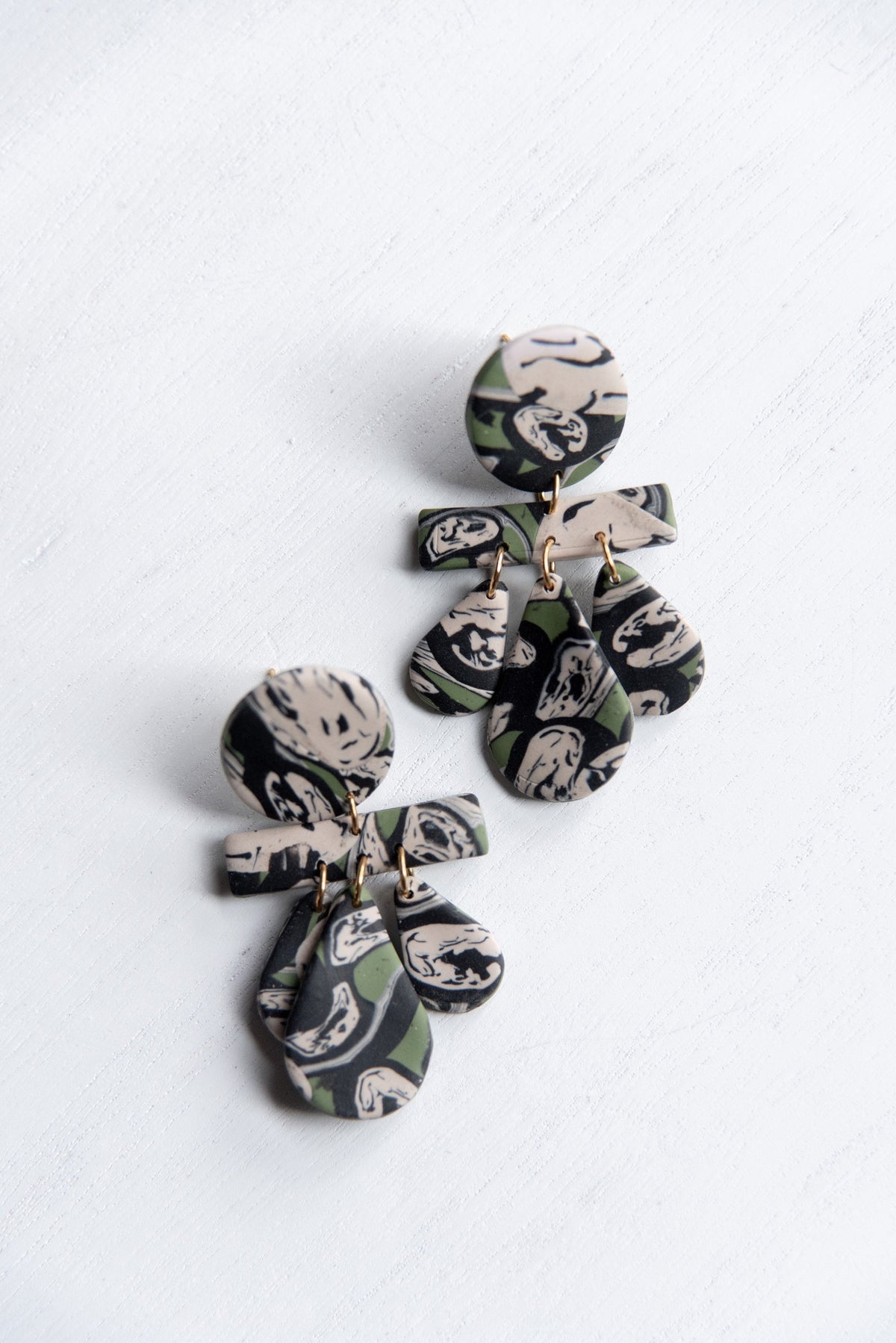 Olive Green, Cream and Black Marbled Dangles | Polymer Clay Earrings