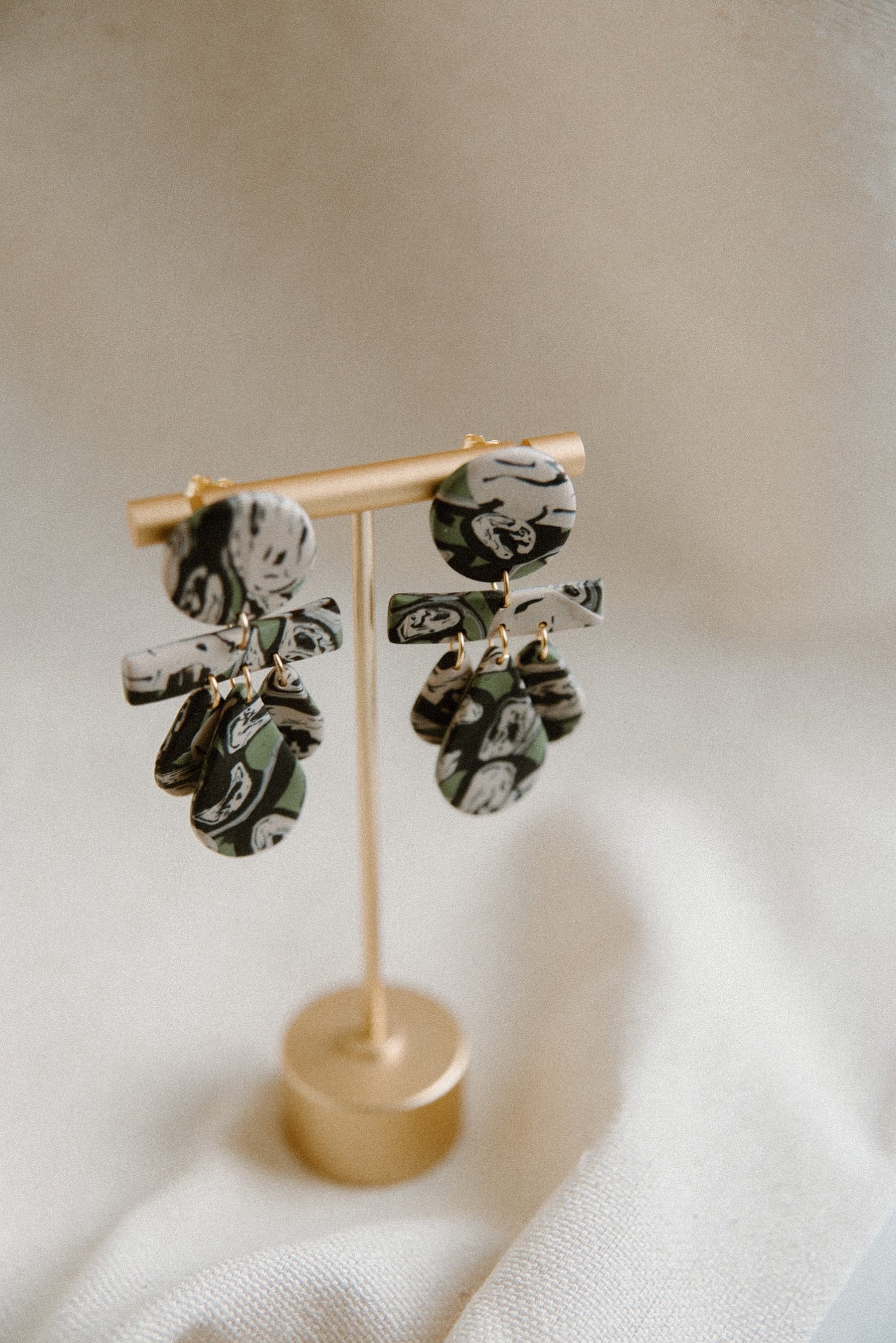 Olive Green, Cream and Black Marbled Dangles | Polymer Clay Earrings
