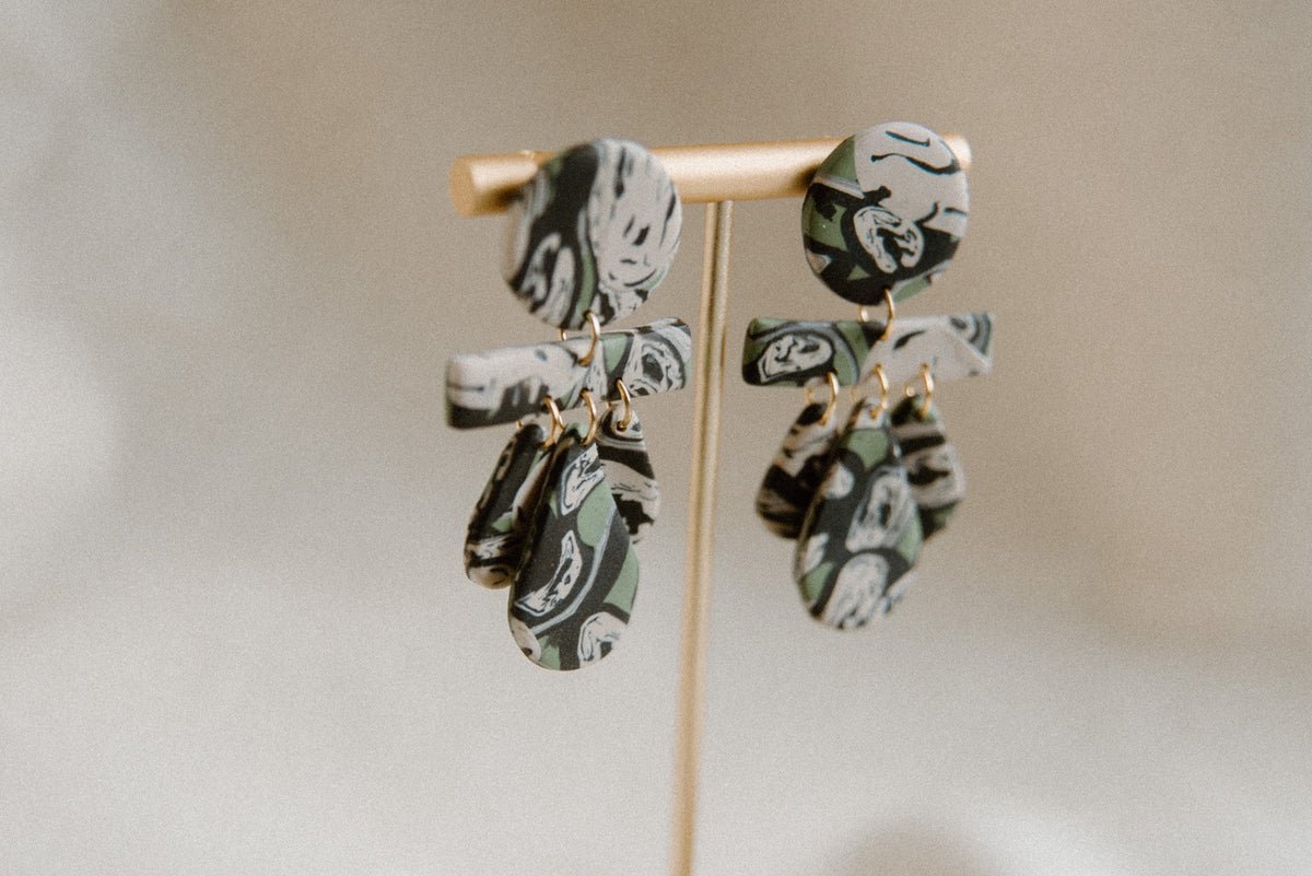 Olive Green, Cream and Black Marbled Dangles | Polymer Clay Earrings