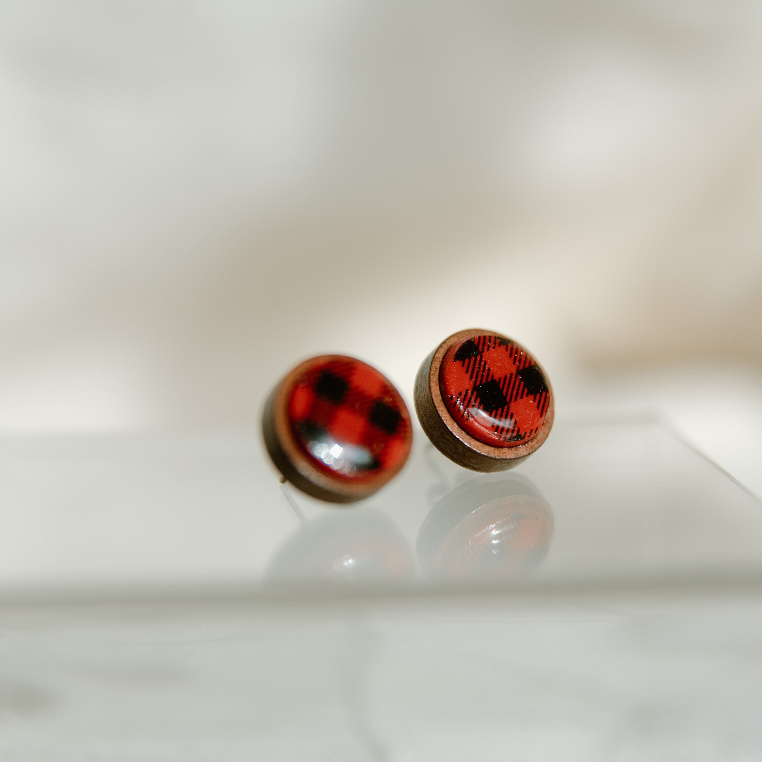 Buffalo Plaid Button Studs | Polymer Clay Earrings