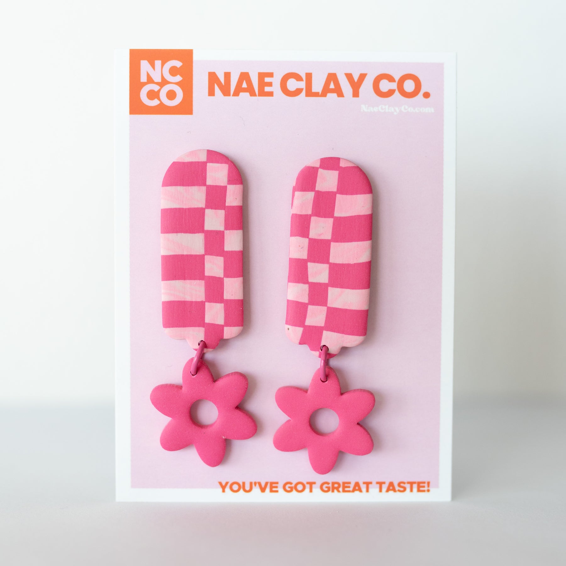 Pink Checkerboard Flower Statement Earrings