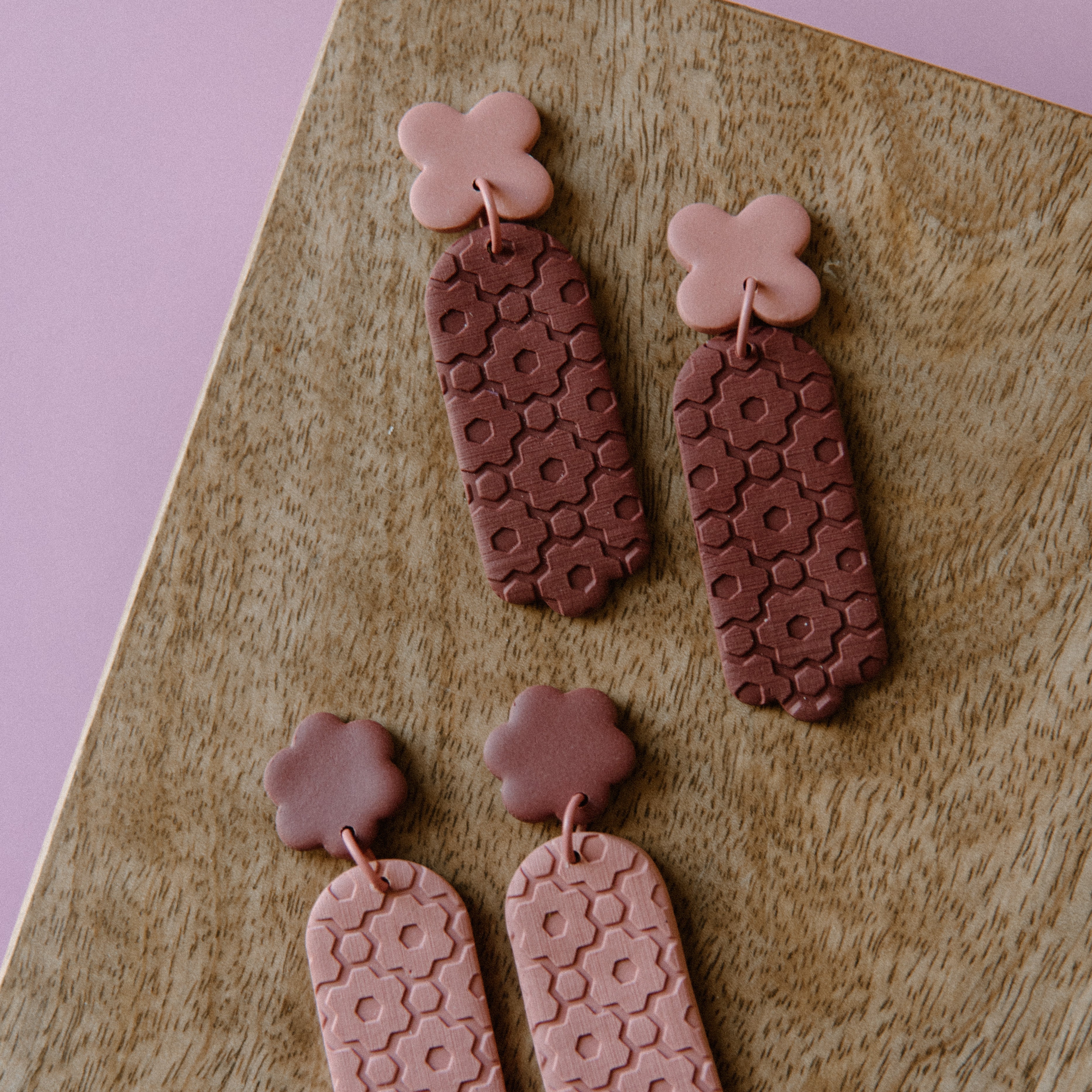 Pink and Maroon Floral Stamped Dangle Earrings