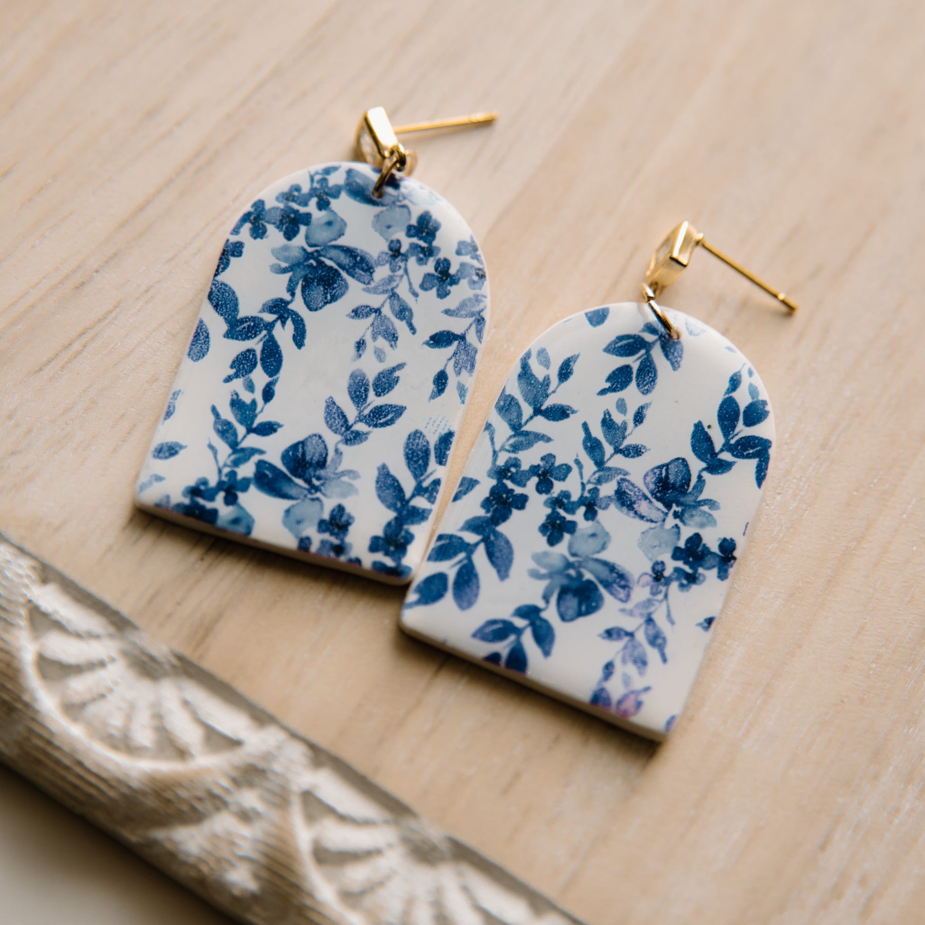 Blue Violet Floral Print Dangle Earrings