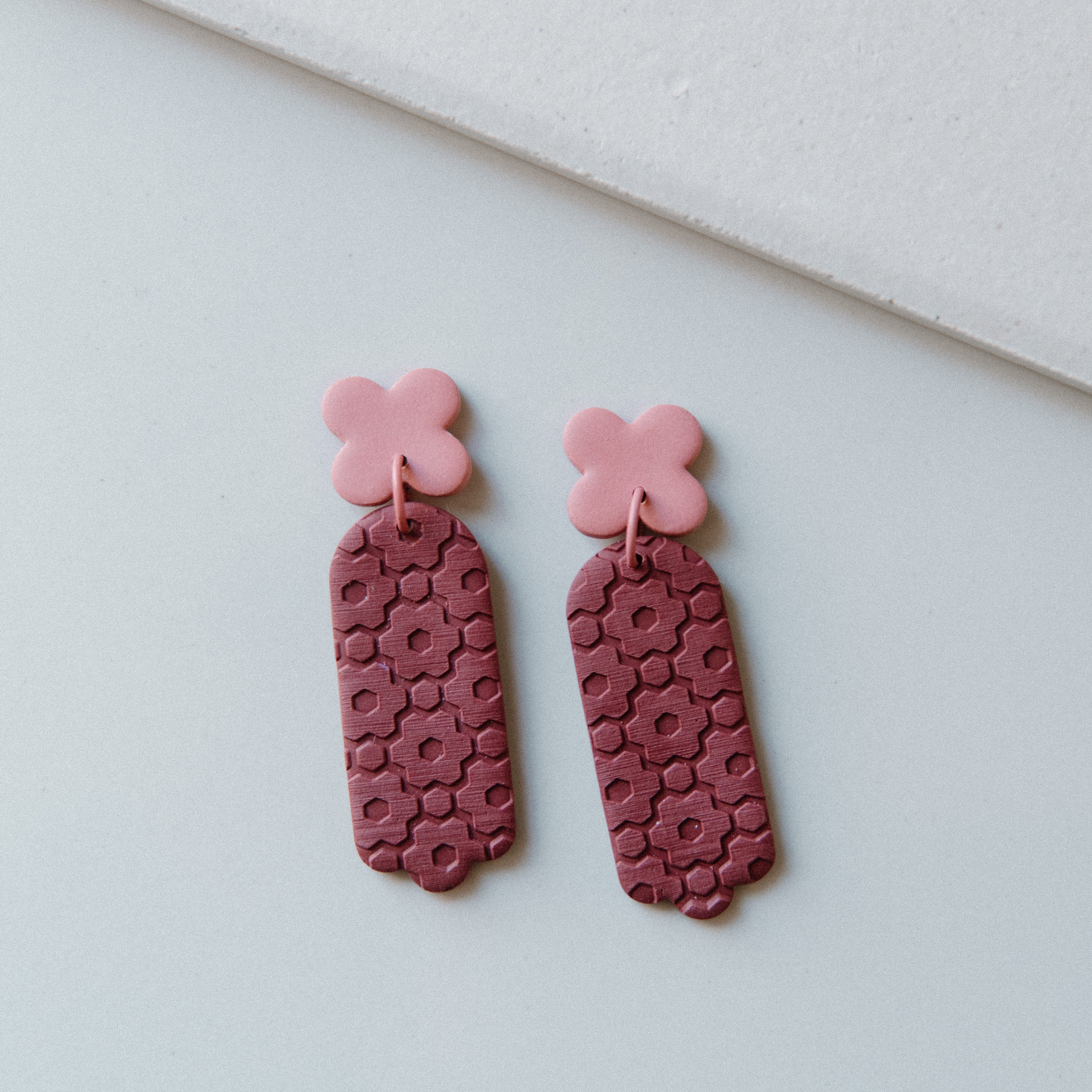 Pink and Maroon Floral Stamped Dangle Earrings